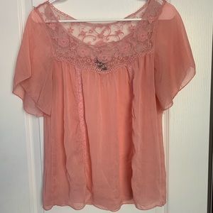 Peach Sheer Rue 21 Top with Lace Details. Size S